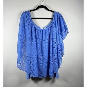 Chico's Women's Blue Blouse Shawl Blouse Crochet Lined  Size XL Boho Resortcore